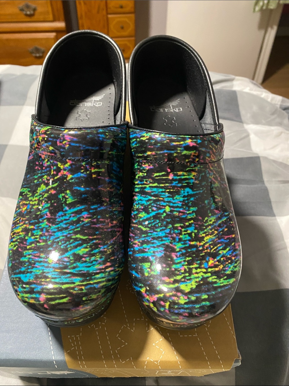Dansko Black Multicolor Iridescent Clogs